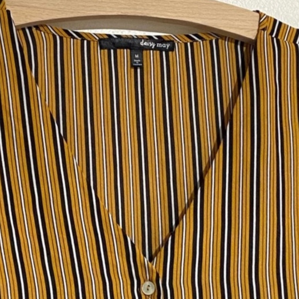 Daisy May mustard yellow and black vertical striped cropped front tie blouse - Picture 3 of 7